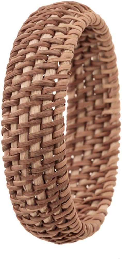 COLORFUL BLING2Pcs Handwoven Wooden Braided Rattan Knit Cuff Bracelet Natural Bamboo Square Round Geometric Chunky Wrap Bangle for Women Ethnic Tribal Wrist Jewelry
