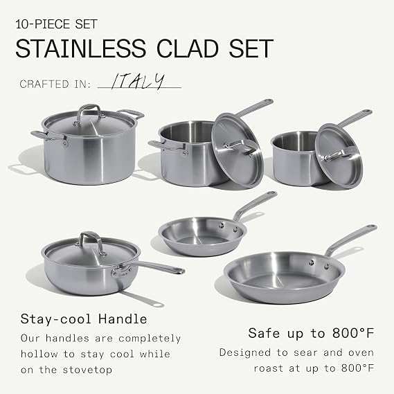 Made In Cookware - 10 Piece Stainless Steel Pot and Pan Set - 5 Ply Clad - Includes Stainless Steel Frying Pans, Saucepans, Saucier and Stock Pot W/Lid - Professional Cookware - Crafted in Italy