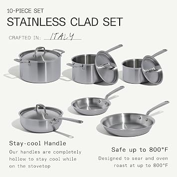 Made In Cookware - 10 Piece Stainless Steel Pot and Pan Set - 5 Ply Clad - Includes Stainless Steel Frying Pans, Saucepans, Saucier and Stock Pot W/Lid - Professional Cookware - Crafted in Italy