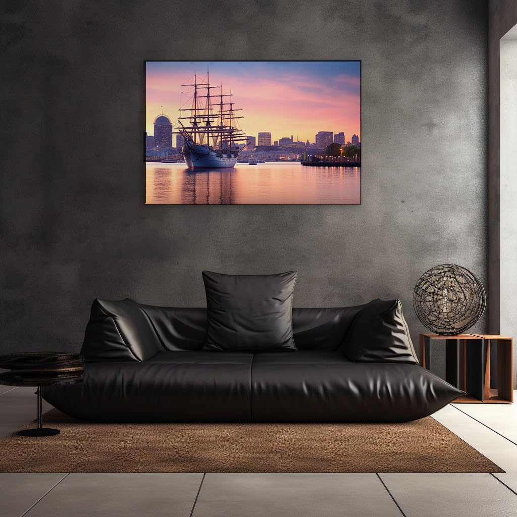 Canvas for Living room. Sailing into Twilight Reflections of a Serene Harbor Sunset, 27 x 18 inch Canvas Wall Art - Contemporary Masterpieces - Modern Home Decor
