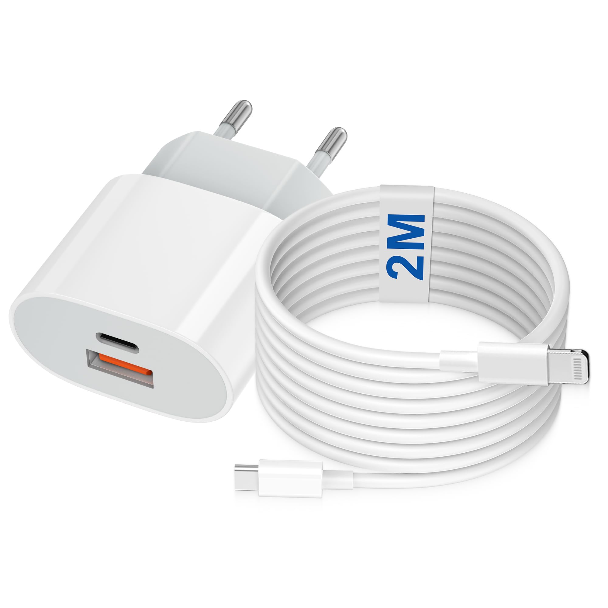 Caricatore per iPhone Certificato Apple MFi, 20W 2-Porto USB A & USB C Rapido Caricabatterie per iPhone 14/14 Pro/14 Pro Max/14 Plus/13/12/11/XS/XR/X/SE/8/7, Alimentatore con Cavo Lightning da 2m - 2