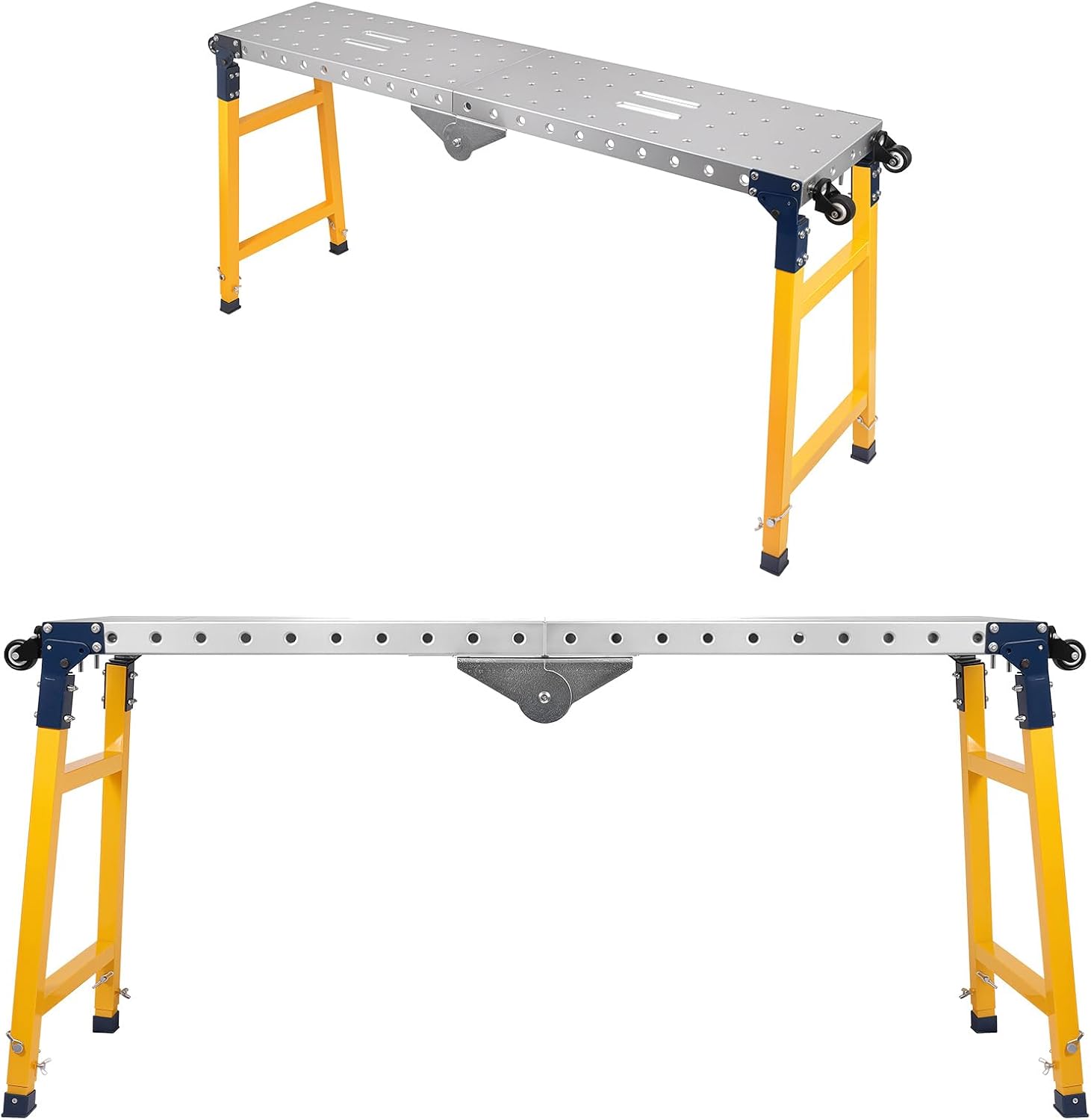 1800 LBS Adjustable Folding Work Table Workbench, 65" x 14" Work Platform with Casters, 5-Level Height Portable Welding Table with 0.7" Clamp Holes, Galvanized Steel for Workshop & Garage