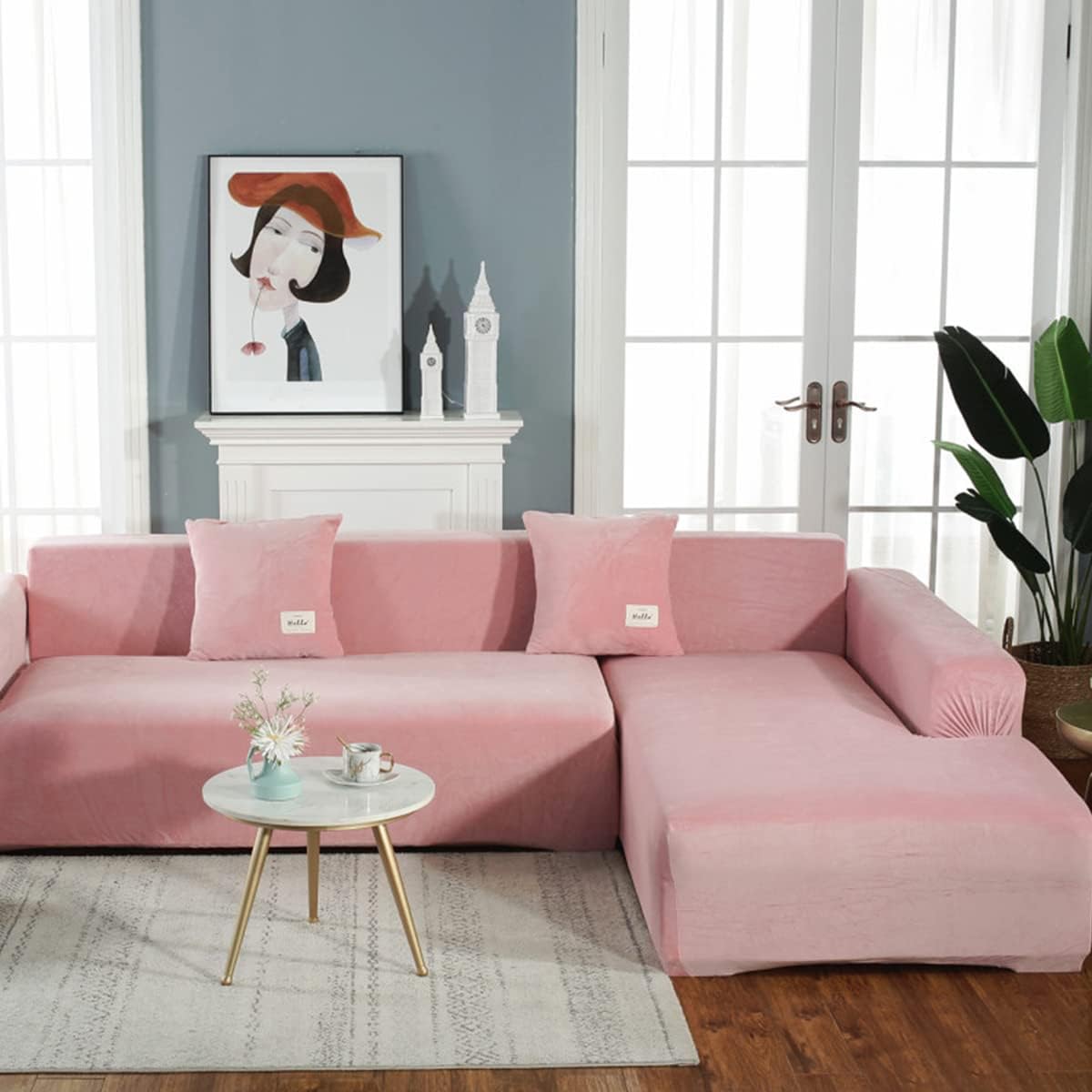 Sofa Cover 2 Seats Sectional Couch Covers1-Piece, L-Shaped Sofa Covers Furniture Protector Stretch Couch Slip Cover, Pink