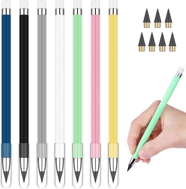 Vicloon Inkless Pencils, 7pcs Everlasting Pencil and 7pcs Replacement Nibs, Portable No Ink Pen and White Eraser Replaceable Graphite Nib for Kids,Adults,Home,Office,School Supplies