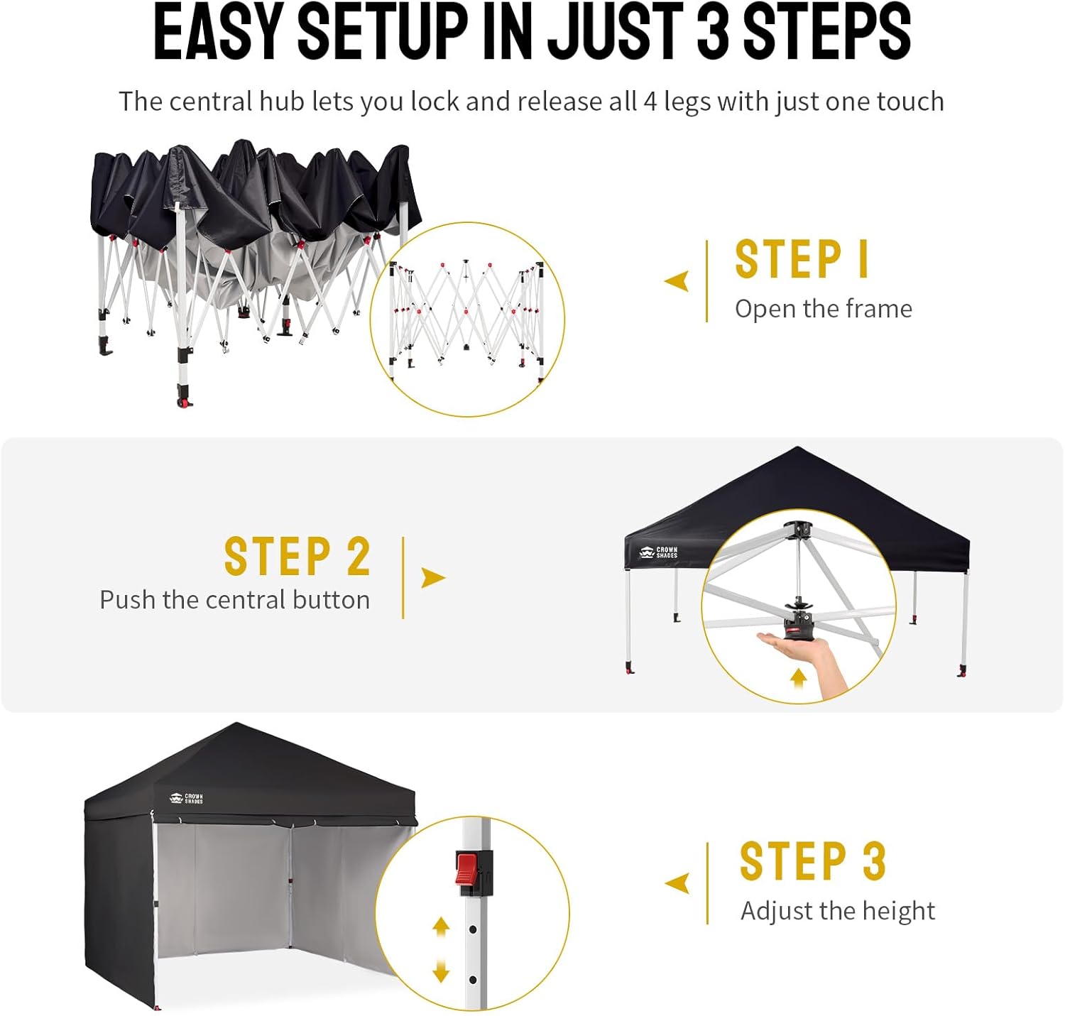 CROWN SHADES 10X10 Commercial Instant Canopy Pop Up Tent with Center Lock, 300D Fabric, 4 Sidewalls, Sto'N Go Bag, Black
