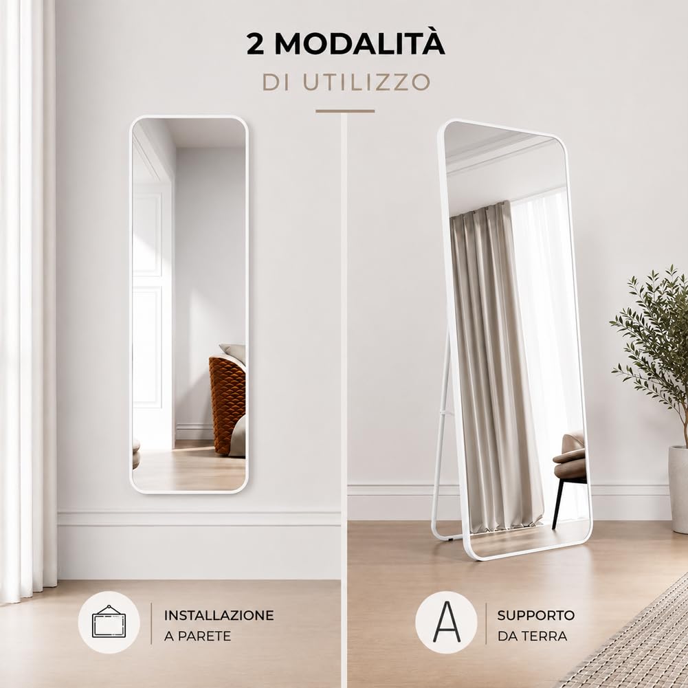 Shally Dogan Specchio da Terra e da Muro Rettangolare, Stand Autoportante Indipendente e da Parete, Decorazione Interna, Design Minimal, Figura Intera e Cornice in Alluminio, 155 x 45 cm, Bianco