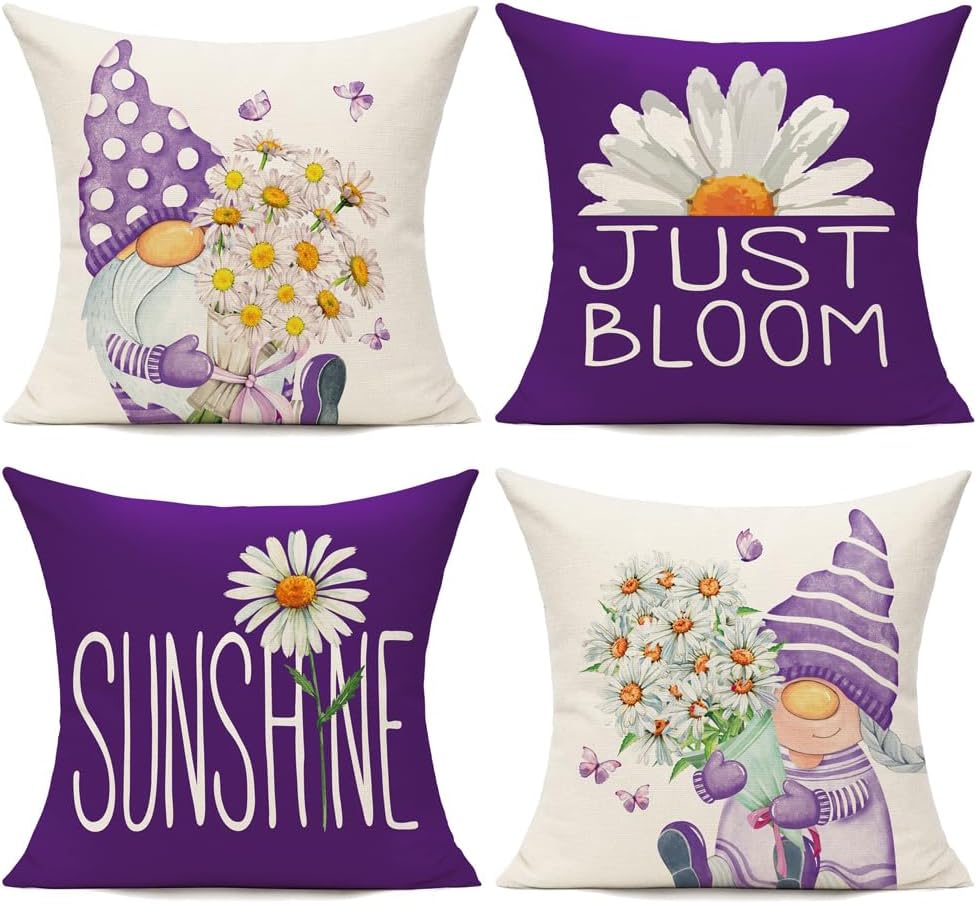 All Smiles Outdoor Yellow Throw Pillow Covers 24x24 Set of 4 Spring Summer Decorative Cushion Cases Home Décor Decorations for Patio Couch Chair Sofa,Daisy Floral Gnomes