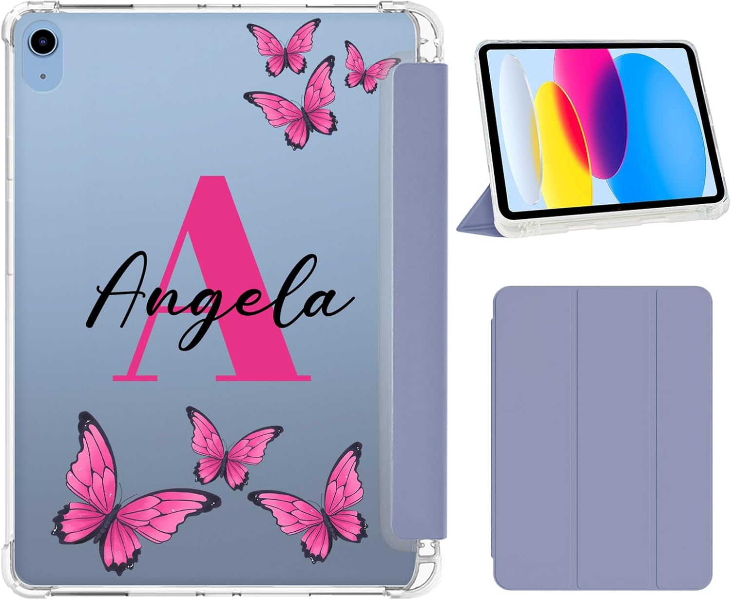 Name Case Fit for Apple iPad Air 13 inch (M3/M2-2025/2024) with Pencil Holder, Slim Stand Protective Cover with Clear Transparent Back Shell Initial Butterfly Monogram, Auto Wake/Sleep, Purple