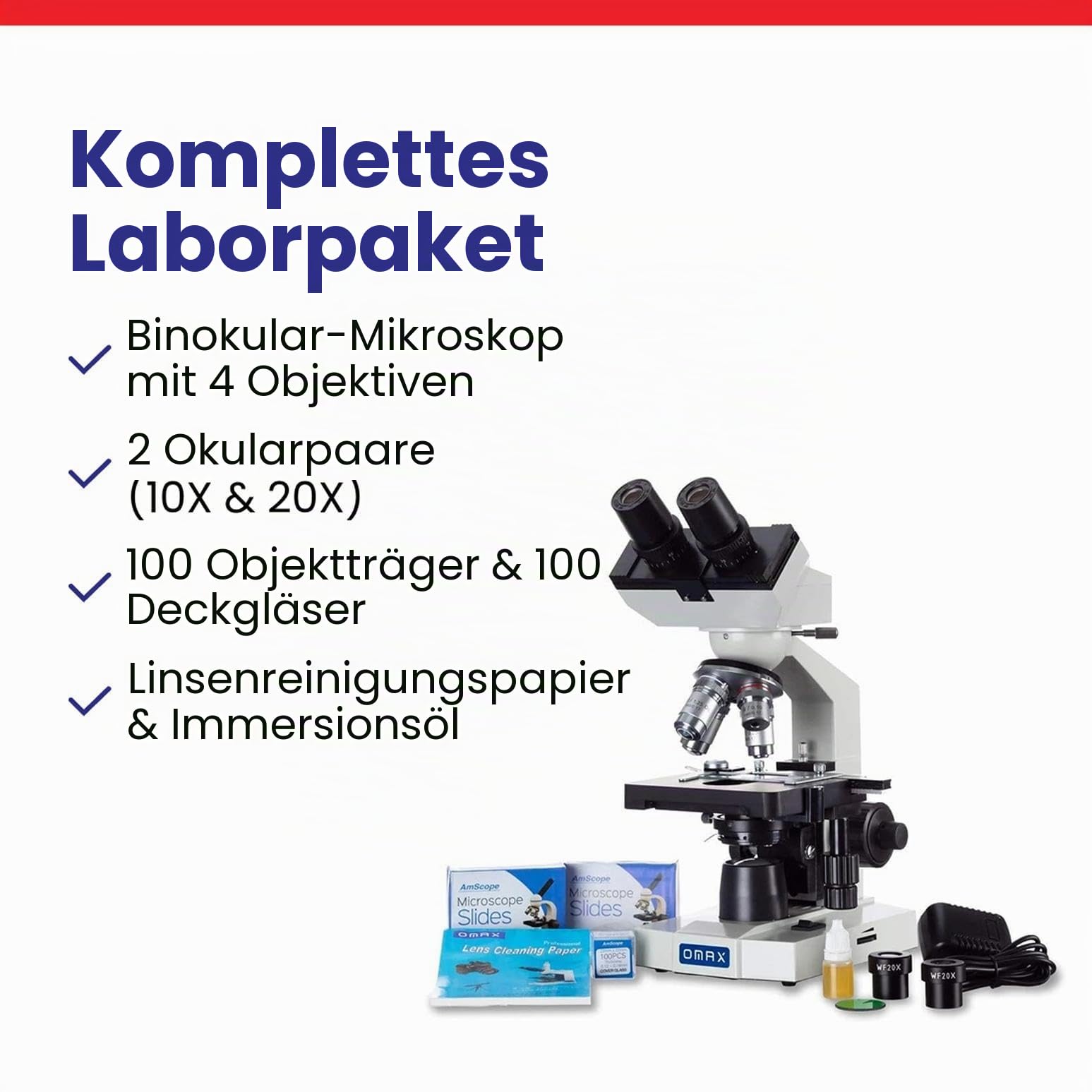 OMAX Mikroskop Fernglas 40X-2000X LED mit mechanischer Szene Doppelschicht + Blanko Dias, Abdeckungen und Linsenreinigungspapier, M82ES-SC100-LP100