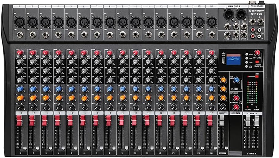 16 Channel Professional Audio Mixer Console Sound Board with 48V Phantom Power,USB Audio Interface for Live Show,Streaming Recording Music Stage Karaoke