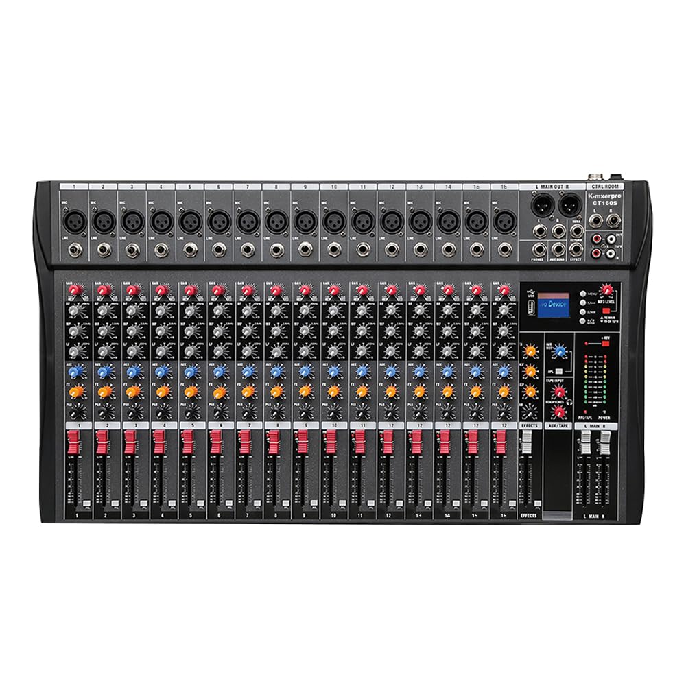 16 Channel Professional Audio Mixer Console Sound Board with 48V Phantom Power,USB Audio Interface for Live Show,Streaming Recording Music Stage Karaoke