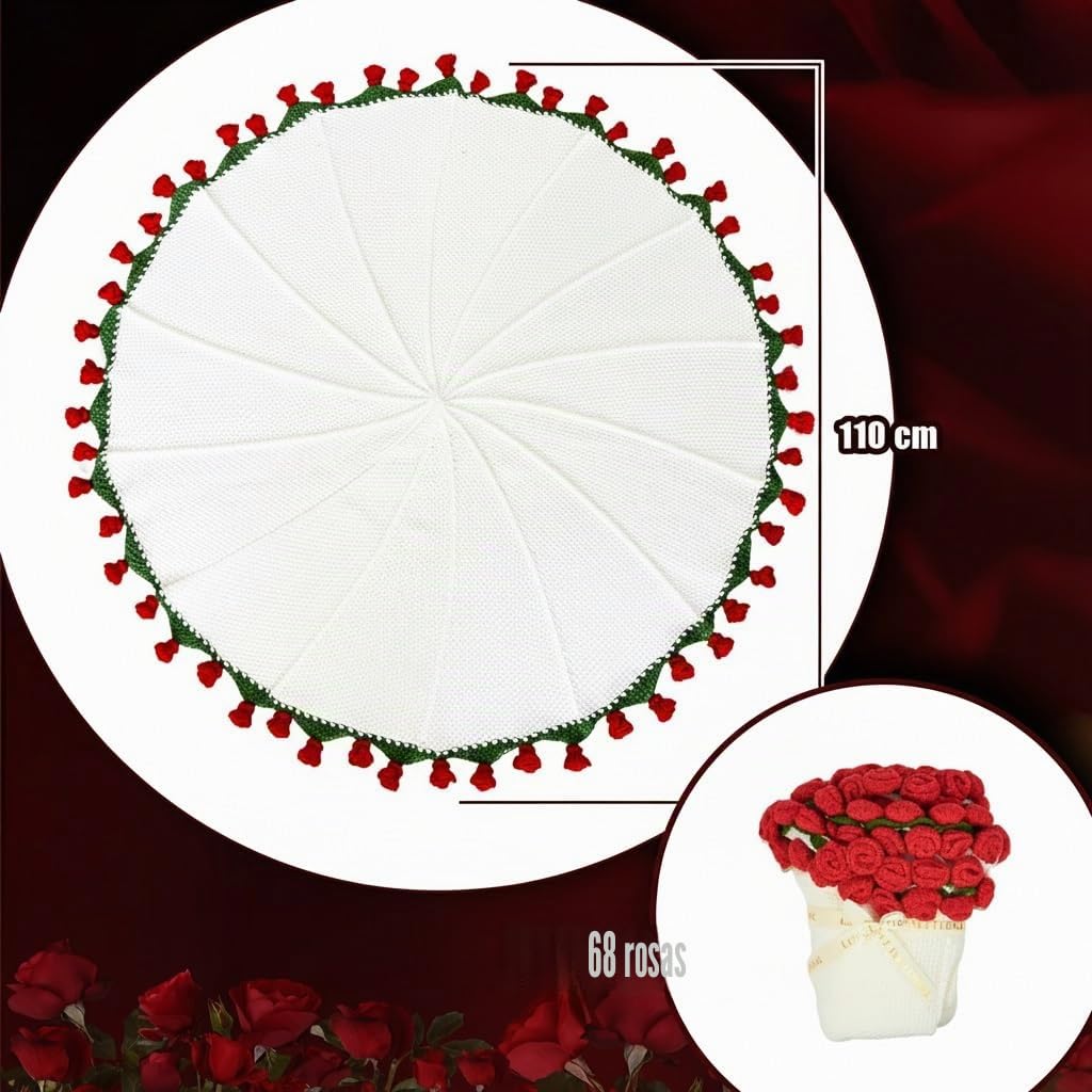 Manta de Ramo de Flores Tejida a Mano, 110cm con 68 Flores Rojas para Regalo de Cumpleaños, Día de la Madre, Día de San Valentín