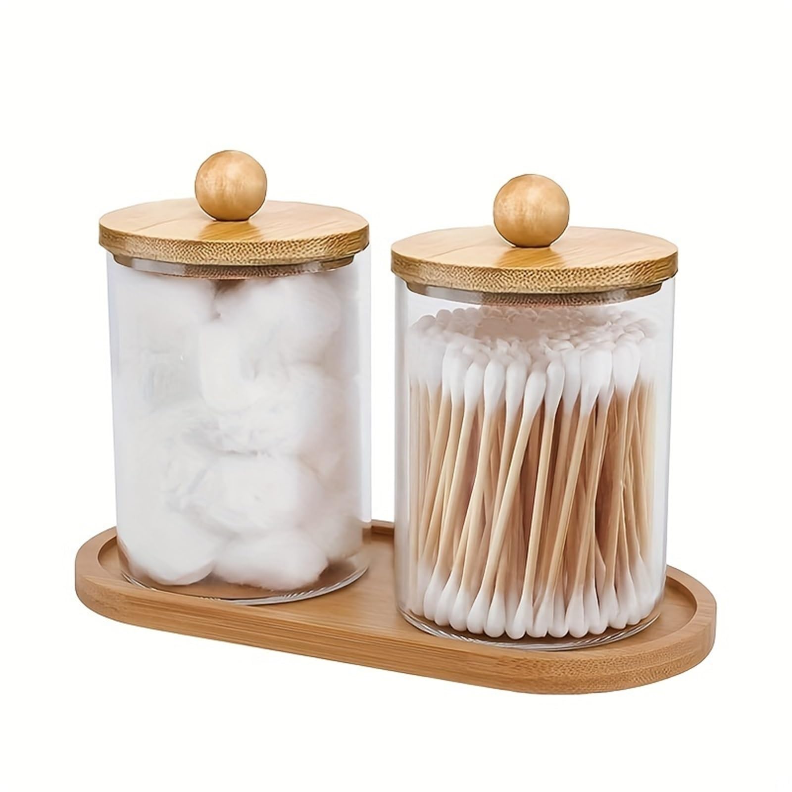 QuxetlRyz Qtip Holder with Vanity Tray, 3 Pack Cotton Swab/Ball/Pad Dispenser Jar, Clear Bathroom Containers Cotton Buds Holder(2Pcs)