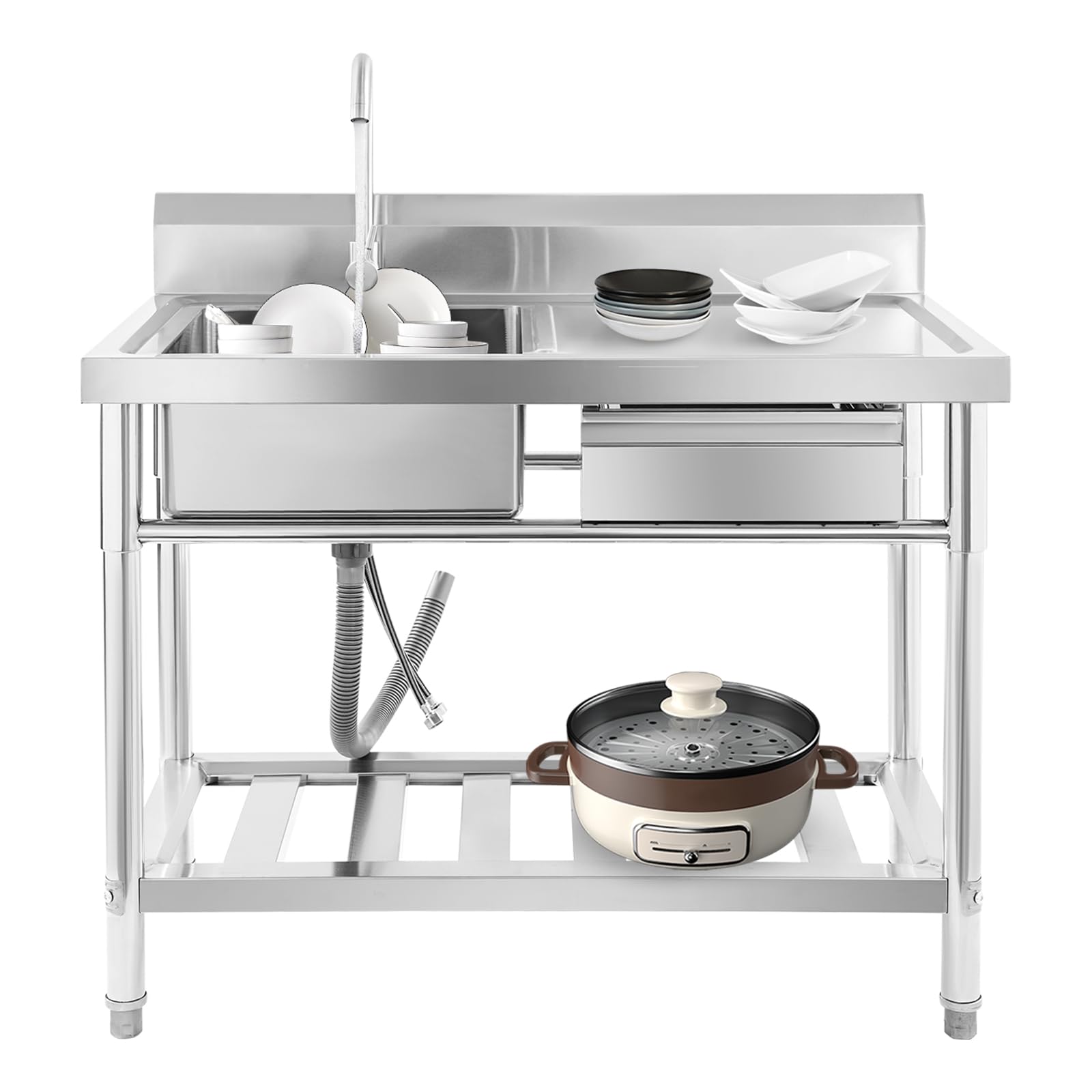 Évier en acier inoxydable, Évier individuel autonome, Évier de restaurant commercial avec robinets et tiroir, Évier de cuisine pour cuisine, garage, buanderie, 100 x 60 x 80 cm (gauche)