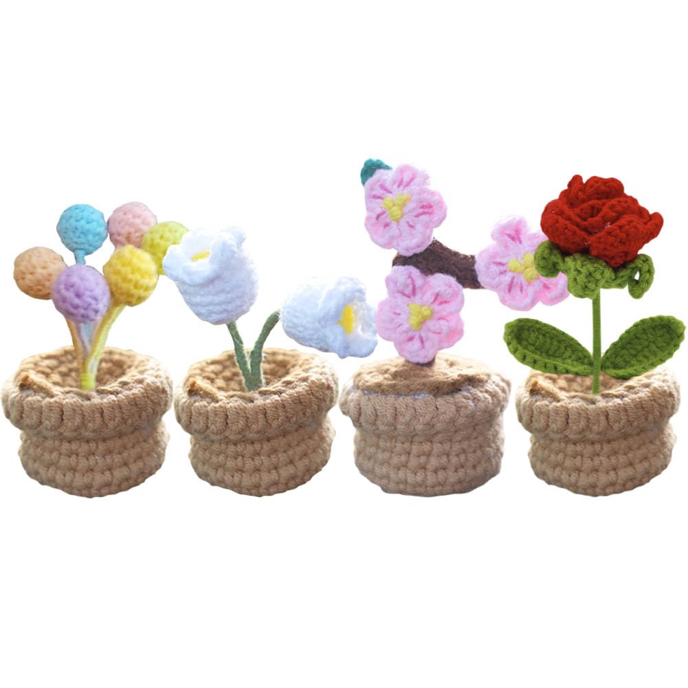 YANGSHINE 4 Stück Mini-Topfblumen, handgefertigt, gehäkelt, gestrickte Rose, Pfirsichblüten, Maiglöckchen, Ballonblume für Zuhause, Büro, Auto, Armaturenbrett, Dekoration, Farbe #12