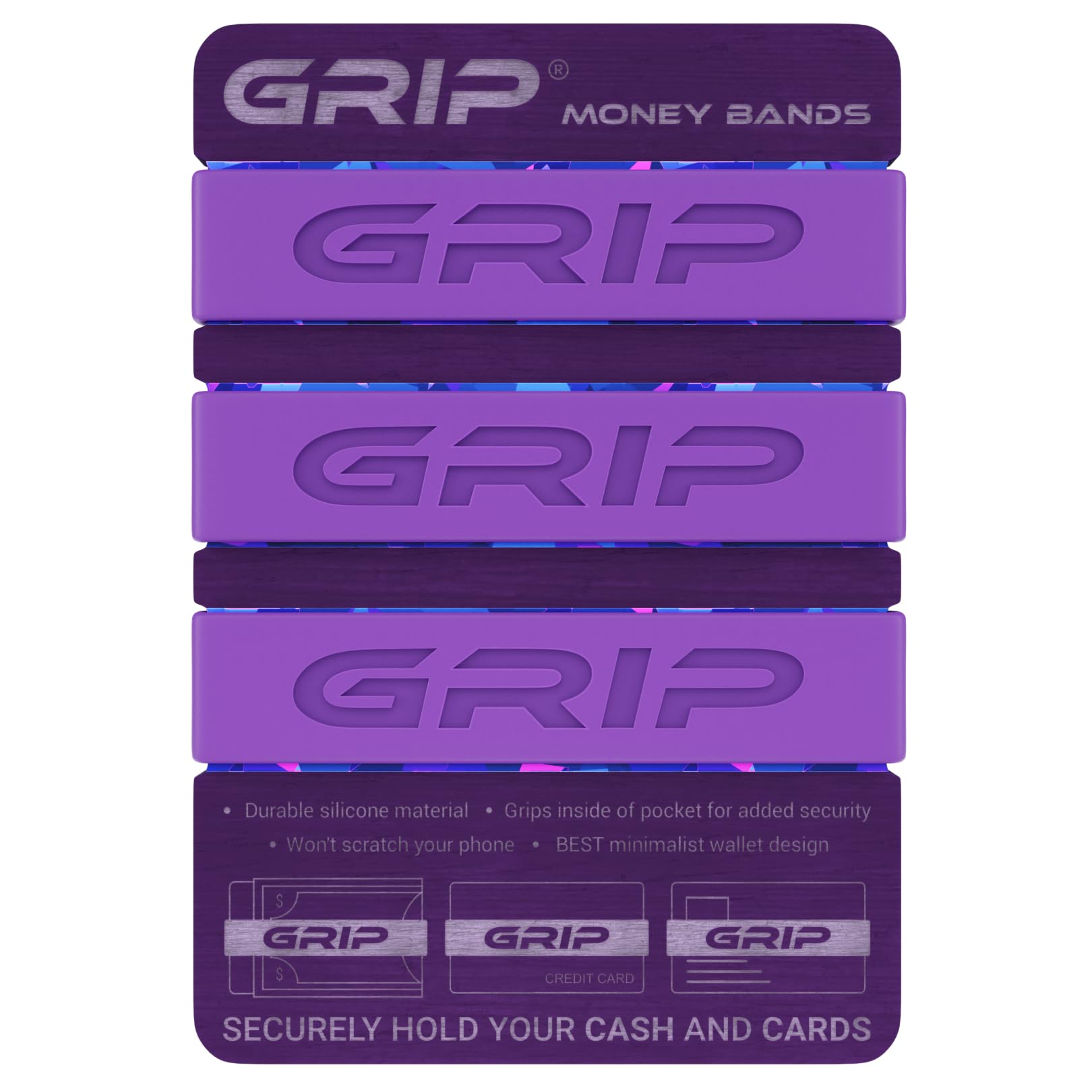 Grip Money Bands (Pack of 3) - PURPLE - Premium Silicone Band for Cash &amp; Cards - Slim &amp; Durable Design