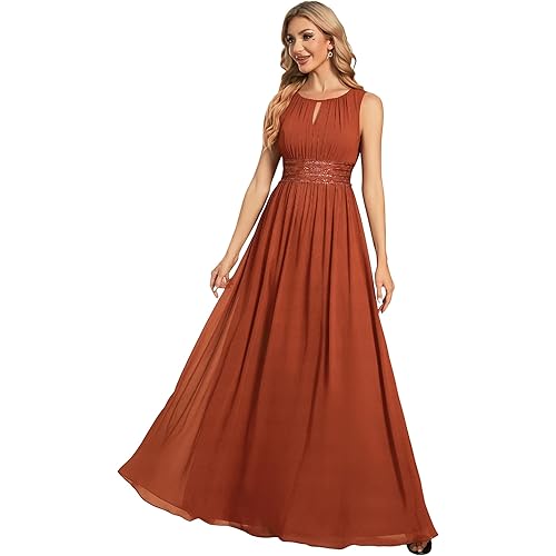 Ever-Pretty Women's Fall Crew Neck Sleeveless Ruched A Line Hollow Out Sequin Maxi Formal Wedding Guest Dress 01955