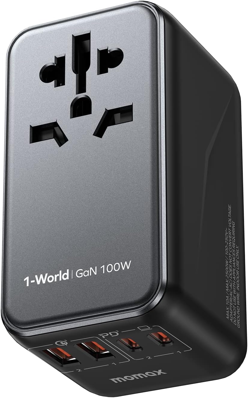 100W Universal Travel Adapter, 5-in-1 GaN International Power Adapter for Laptop, Phone, 2 USB-C PD & 2 USB-A QC Wall Charger, European Travel Plug Adapter for UK/US/AUS/JP, Travel Essentials