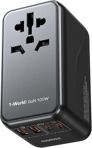 MOMAX Adaptador de viaje universal, adaptador de corriente internacional de 100W rápido GaN, adaptador de viaje de 2PD USB-C+2QC USB-A, adaptador de
