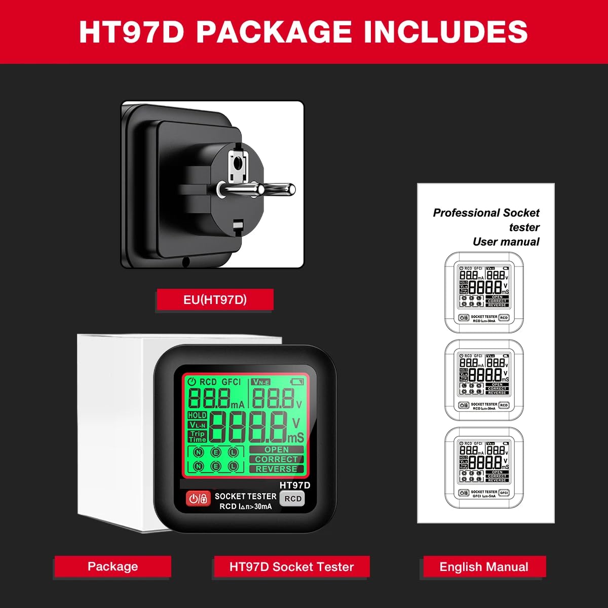 DollaTek Tester de Enchufe Profesional D9B Detección RCD/GFCI Display LCD Voltaje/Frecuencia 6-Alambre Diagnóstico Fallos 90-250V Analizador para enchufes EU Certificación EN61326