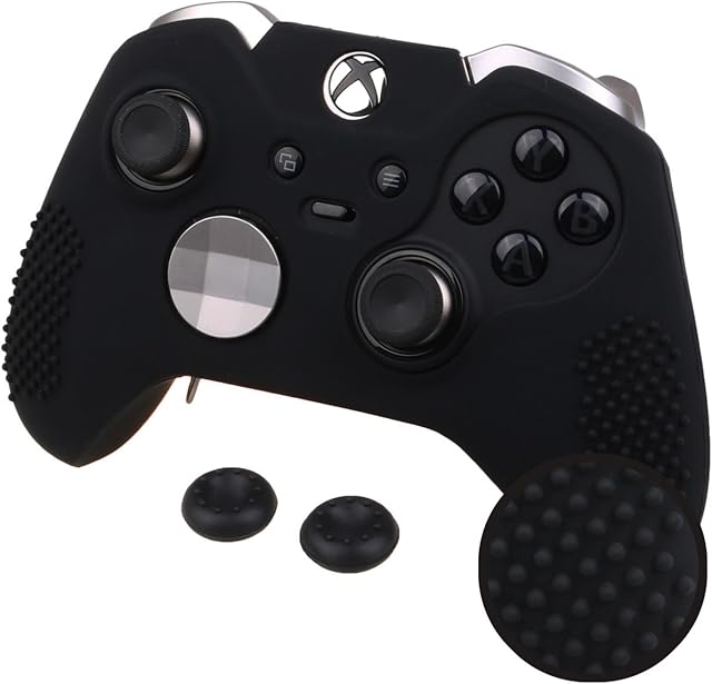 Pandaren® STUDDED silicone cover skin anti-slip for Both Xbox One Elite & Standard controller x 1(black) + thumb grips x 2