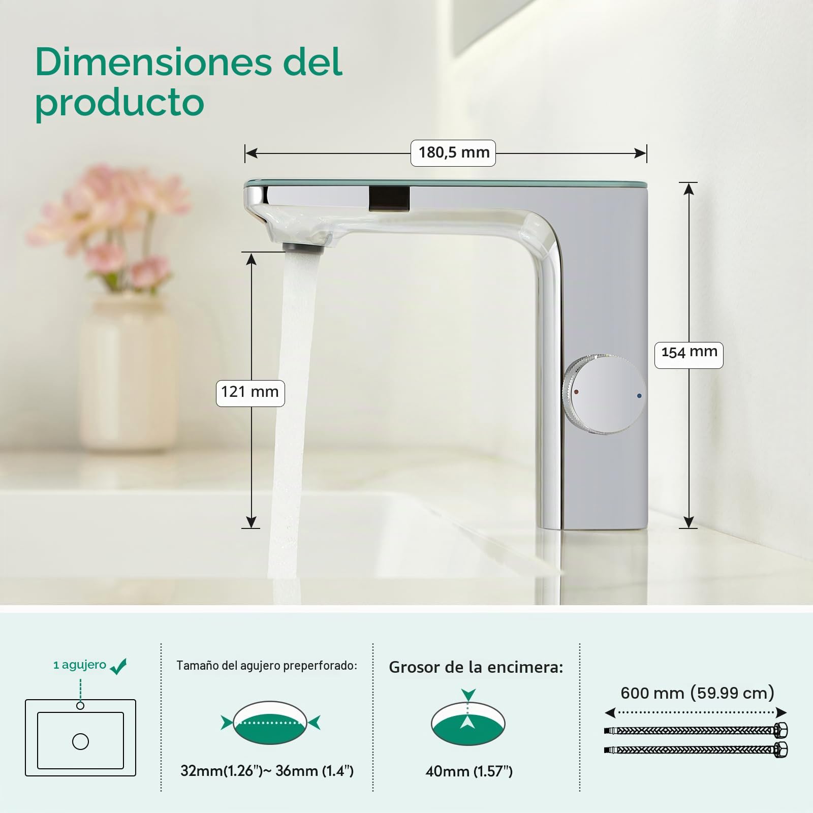 CREA Grifo Baño con Sensor Automático, Grifo Lavabo con Automático Infrarrojo, Grifo Mezclador Sensor, Moderno Grifo Baño Lavabo Automático, Grifo Monomando Inteligente, Cromo