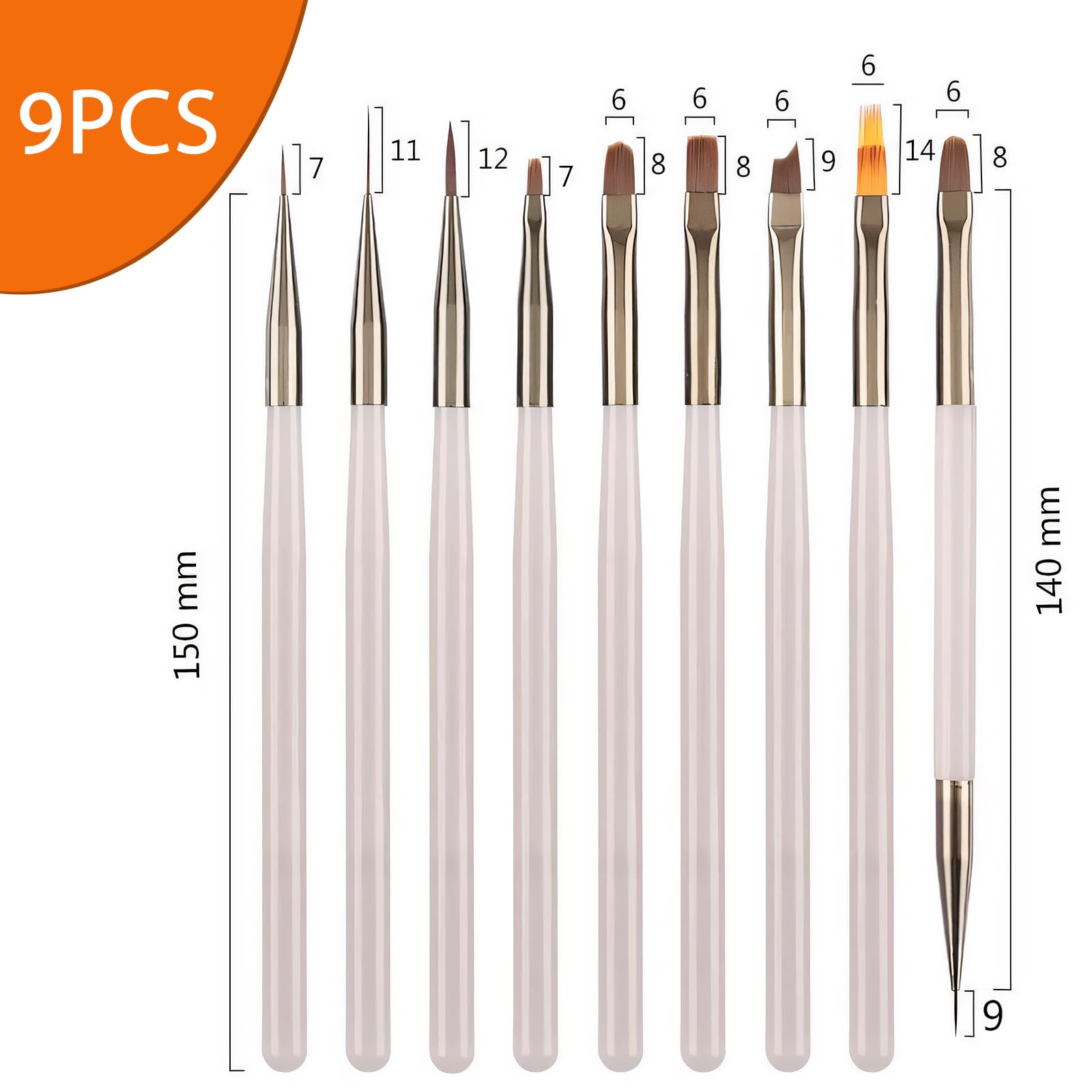 Set 9 Pennelli per Unghie Gel Grigio Ghiaccio,Pennelli per Ricostruzione Unghie e French Nails, Include Pennello Scultura Cristallo e Sfumatore, Set Professionale,per Disegno Lineare e Sfumatura