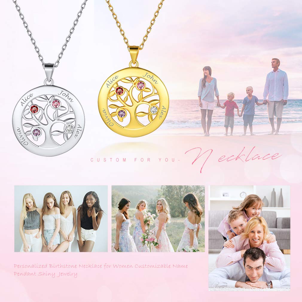 Custom4U 2-7 Nomi DIY S925 Collana con Nome Personalizzato Collana Donna Argento con Pietra Portafortuna Nomi Incisi Argento Sterling Albero della Vita Collana Amicizia