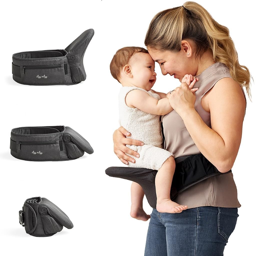 Itzy Ritzy Hip Seat Baby Carrier – Foldable 3-Position Infant & Toddler Carrier, Supports 12–44 lbs, Strapless, Lightweight Design – Includes Zippered Pocket & Extender to Fit Waists up to 62" (Black)