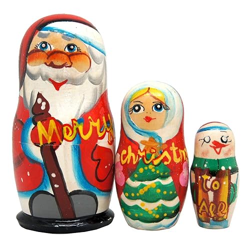 Merry Christmas Santa 3-Nest Doll Russian Matryoshka Wooden Stacking Nested Dolls Wooden Handmade Toys Gift for Children Christmas Mothers Day