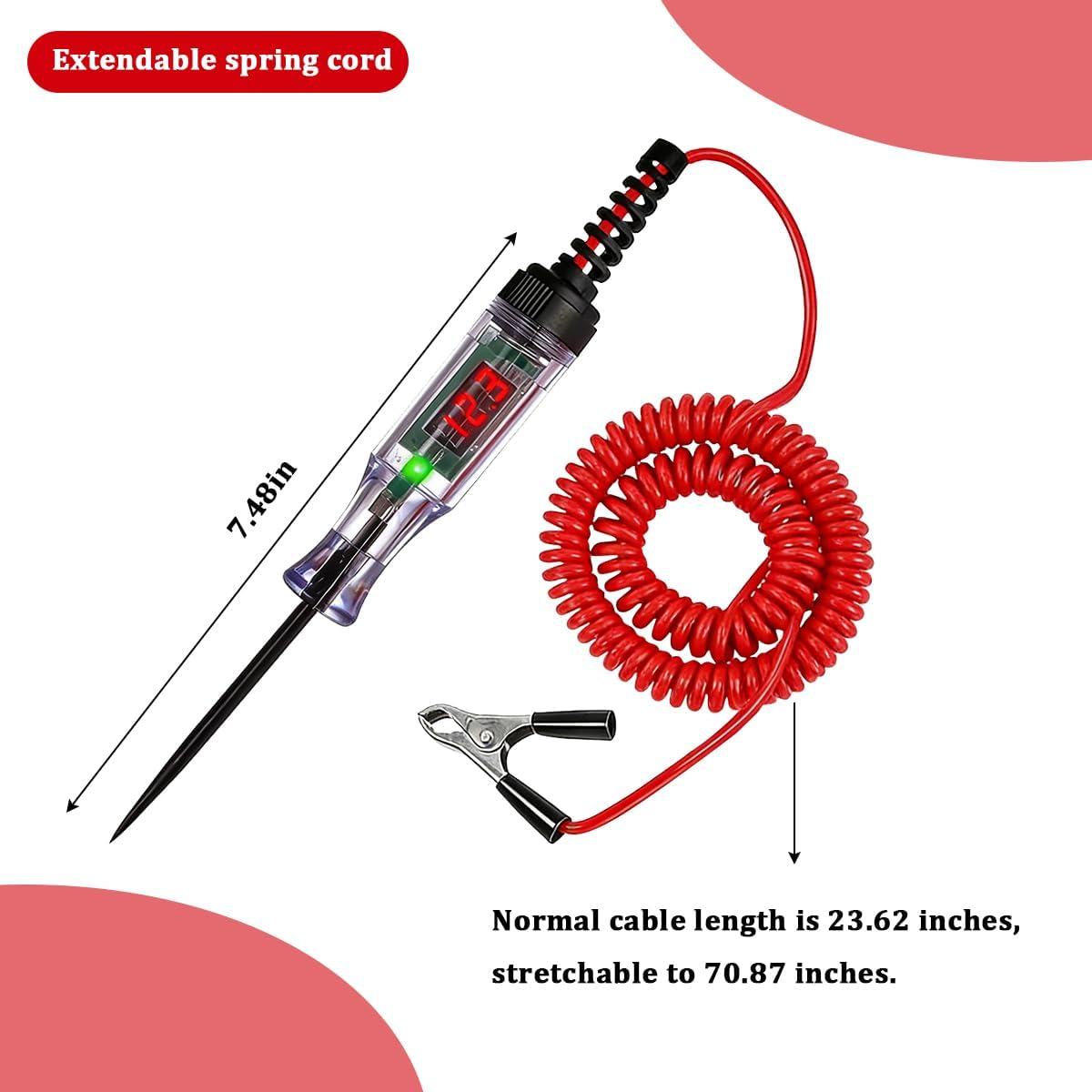 Car Test Light, 5V-110V Vehicle Digital LED Circuit Tester with Alligator Clip and Extended Spring Wire, Automotive Electrical Test Pen, Universal for SUV Automobile Truck