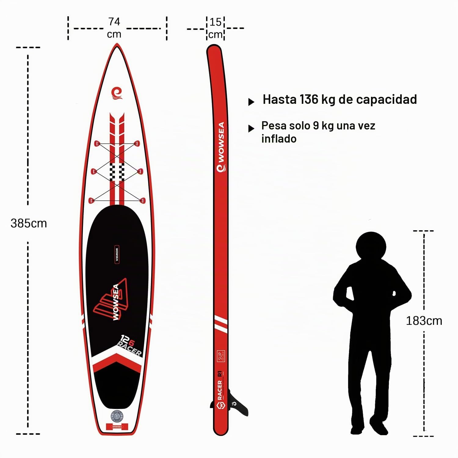 WOWSEA Racer R1 Tabla Paddel Hinchable, Duraderas y Estables Sup Paddle Surf, Carreras & Viajes Stand Up Paddle con Accesorios iSUP, Buena Opción para El Ejercicio Acuático y Recreación