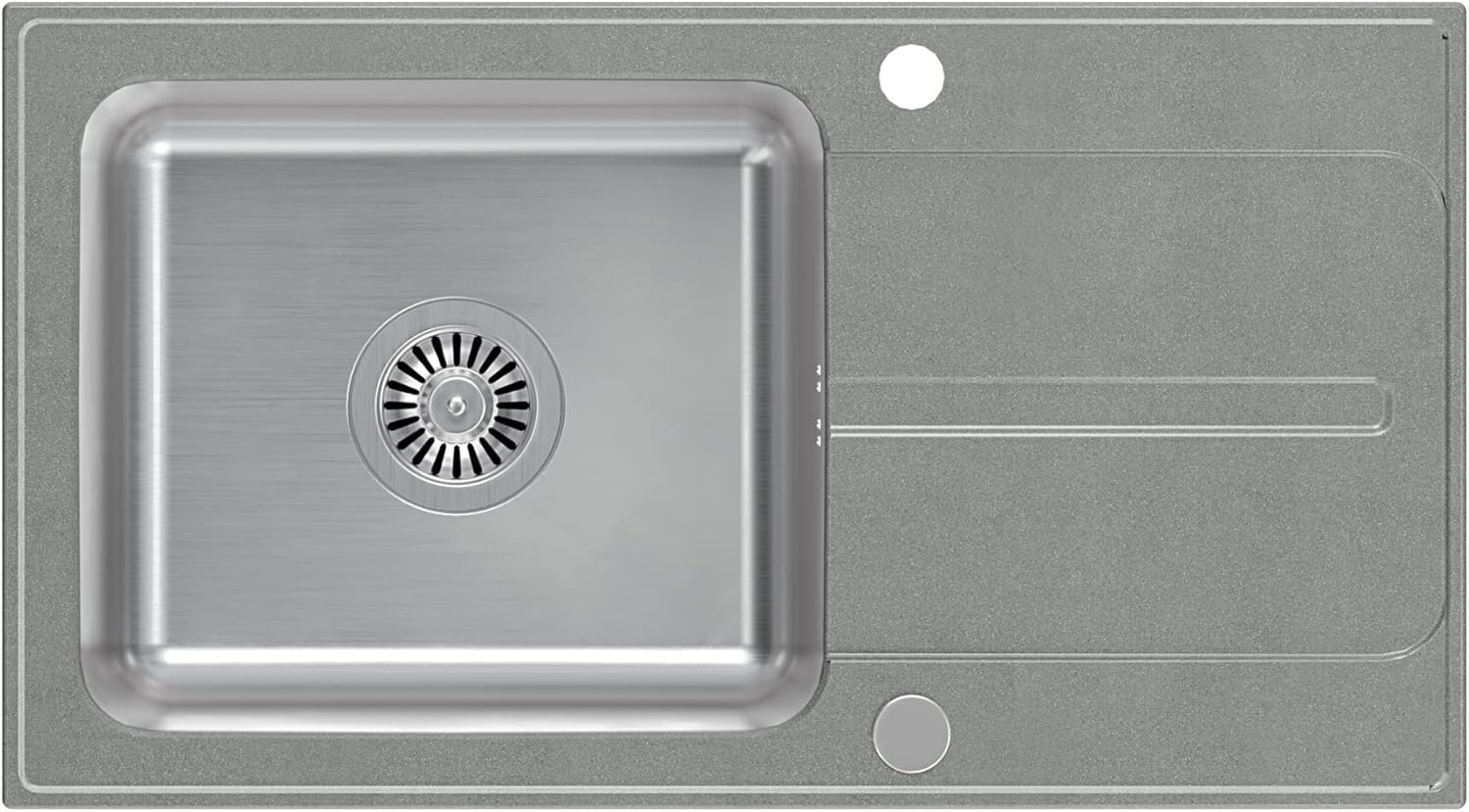 QUADRON fregadero gris | tamaño 78 x 43 cm | RALPH 111 fregadero de cocina de un seno con cubeta de acero | granito y acero inoxidable | con sifón y tapón de rosca | con escurridor