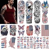 Aresvns Independence Day Temporary Tattoo,USA Flag Sleeve Tattoo,Red White and Blue Party Supplies,