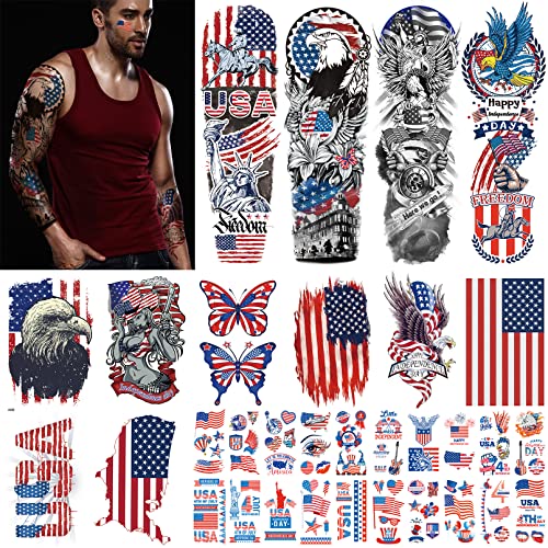 Aresvns Independence Day Temporary Tattoo,Usa Flag Sleeve Tattoo,Red White And Blue Party Supplies, 4Th Of July, Memorial Day, Labor Day Decorations Tattoos Patriotic Tattoos #TOP10