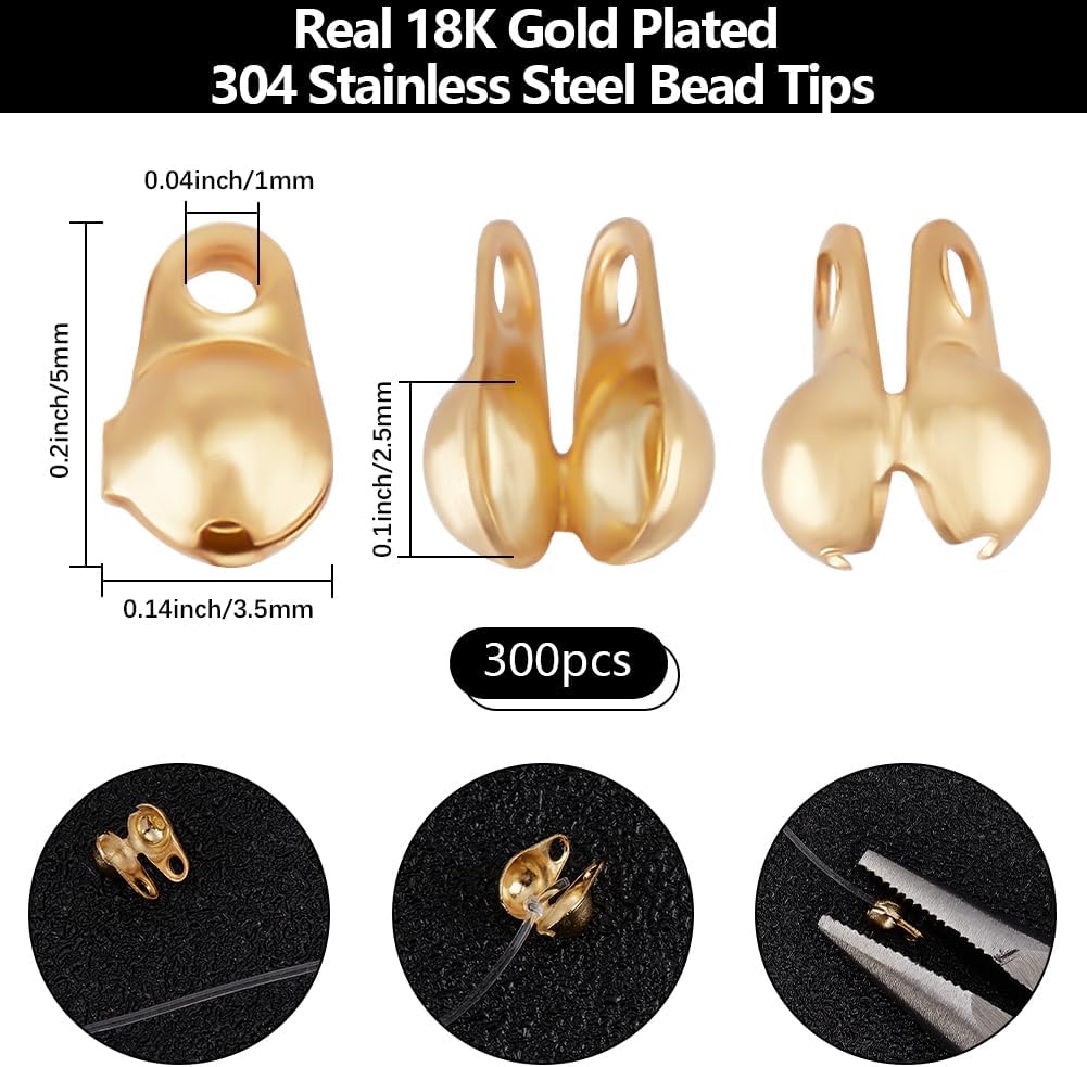Beebeecraft 1 Box 300Pcs Bead Clasps 18K Gold Plated 304 Stainless Steel Bead Tips Knot Covers Clamshell End Cap Crimps Beads for Jewelry Making DIY Crafts (2.5mm) - Image 2