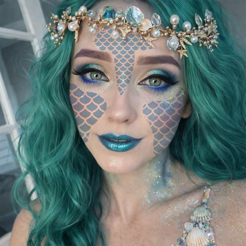 FINGERINSPIRE 12PCS Mermaid Scale Stencils with Paint Brush 12 Styles Different Mermaid Scale Pattern Stencils Reusable Fish Scales Templates for Painting on Wood Wall Furniture DIY Home Decoration