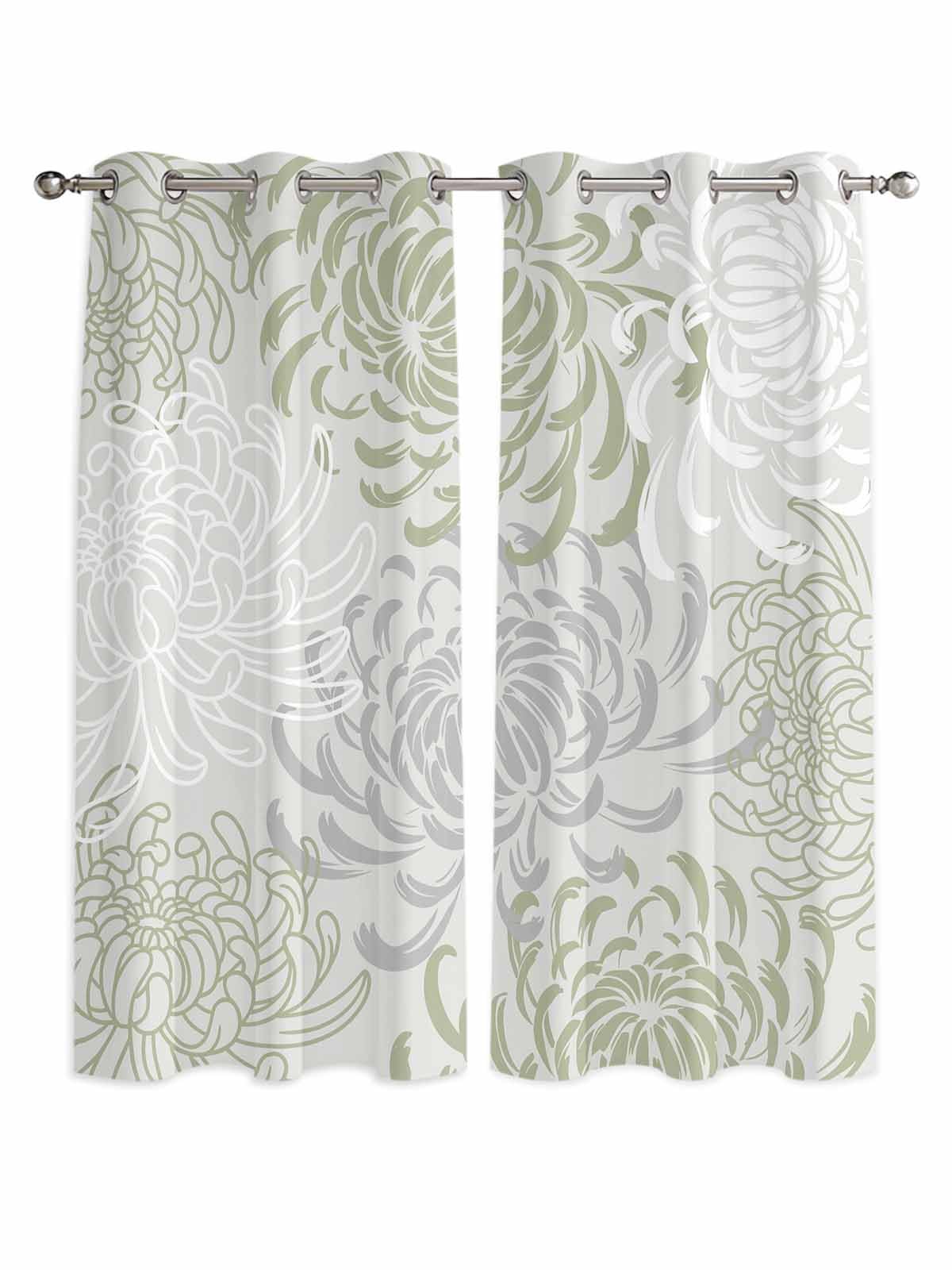 Sage Green White Window Curtains Panels with Silver Grommet,Abstract Grey Chrysanthemum Flower Kitchen Cafe Curtain Draperies Window Treatment Set for Living Laundry Room/Bedroom/Bathroom/Cafe,84x84