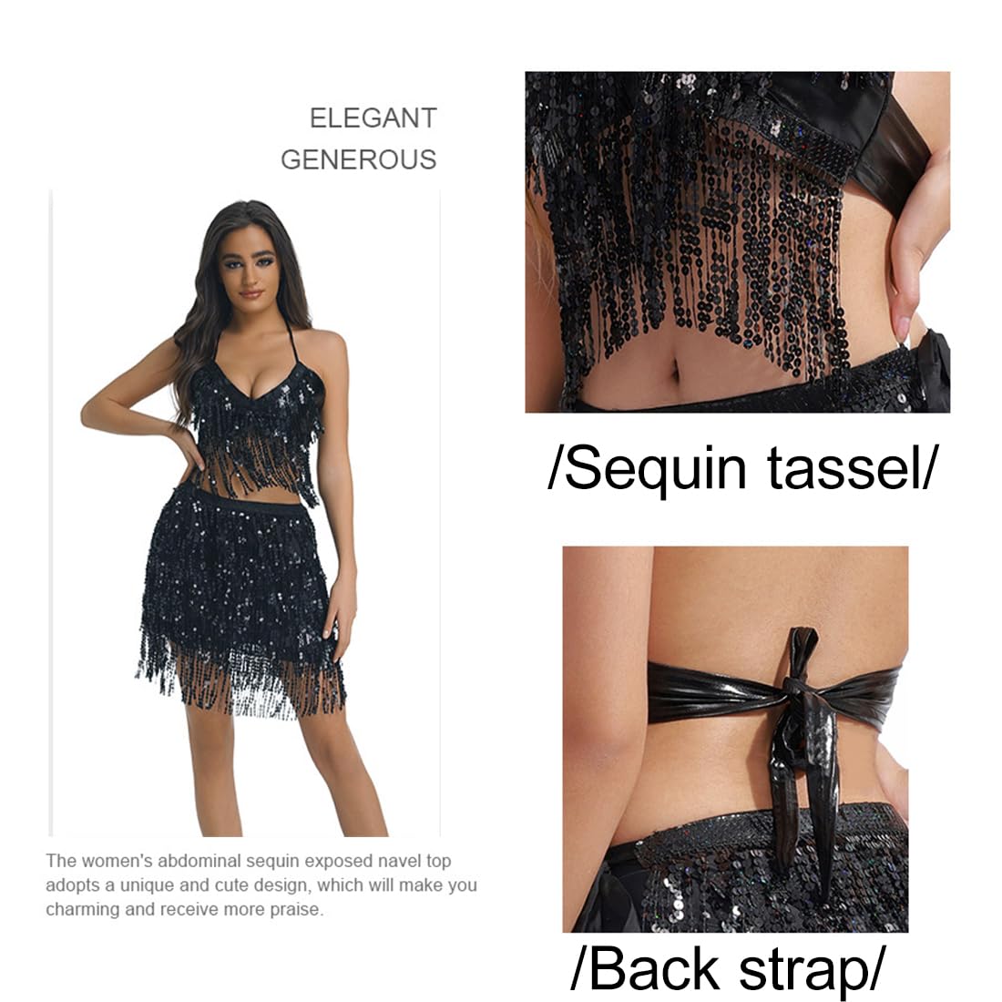 Tops de danza para mujer,Top con borlas y lentejuelas para danza del vientre (negro)