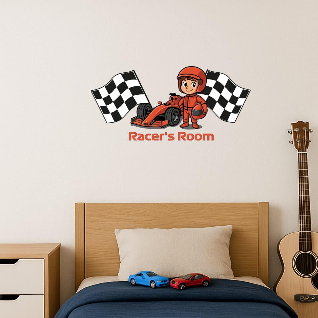 Naklejka ścienna do samochodu wyścigowego dla chłopców (50 cm x 25 cm) – dekoracja drzwi dla dzieci – sport motorowy pokój dziecięcy winylowa sztuka ścienna – samochód wyścigowy sypialnia dekoracja