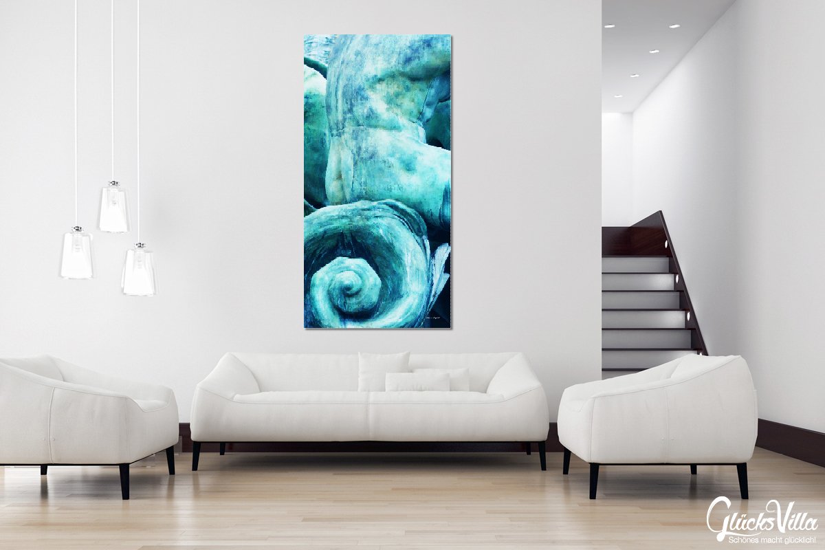 Glücksvilla - Der schöne Mann (Leinwand-Bild 2 cm, 100 x 200 cm) | div. Maße - aus DE - Kunstdruck Deko Wandbild quer - Statue Körper Brunnen Bronze Figur Kunst
