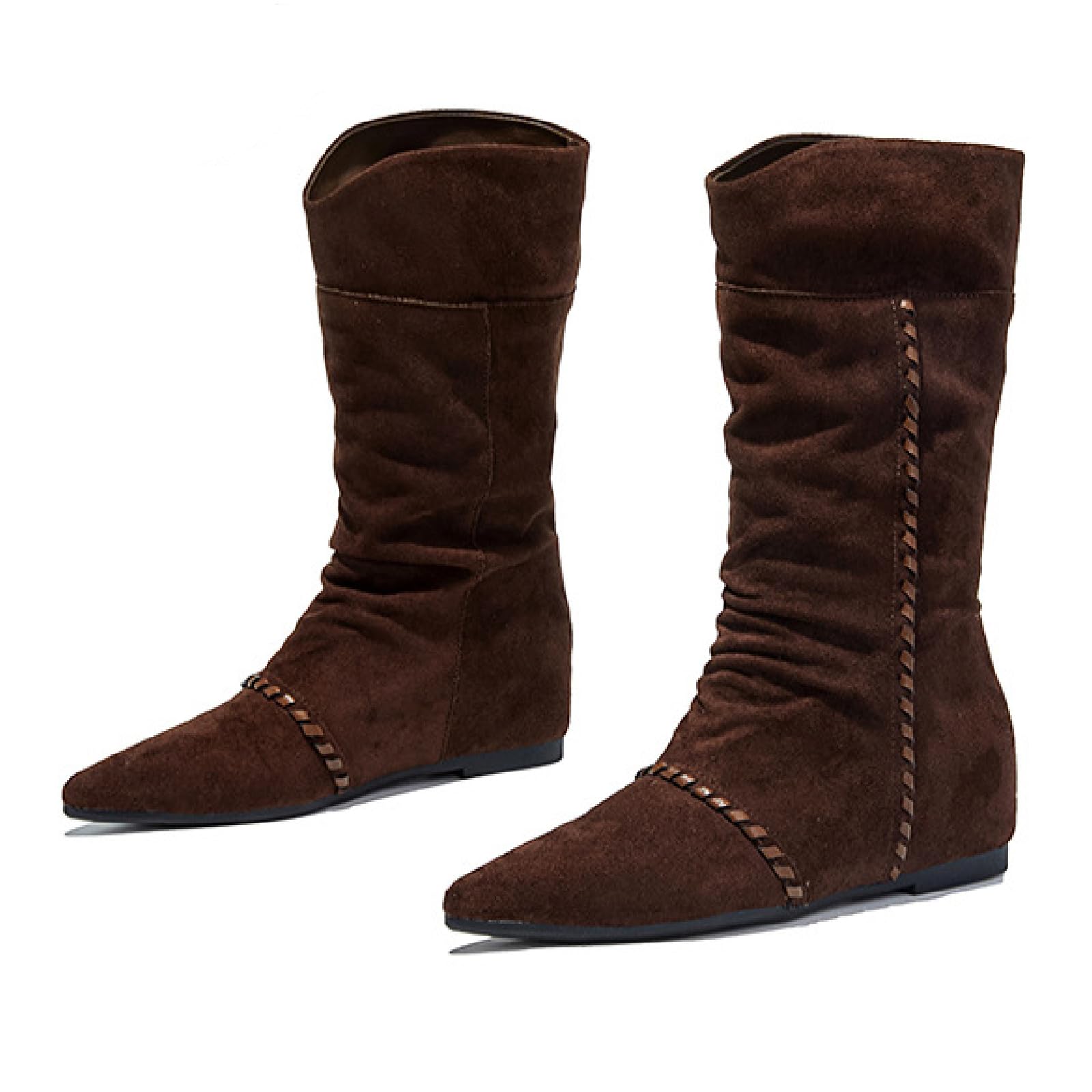 Womens Suede Wedge Heels Ankle Boots Fashion Pointed Toe Pull On Block Low Heel Mid-Calf Casual Booties