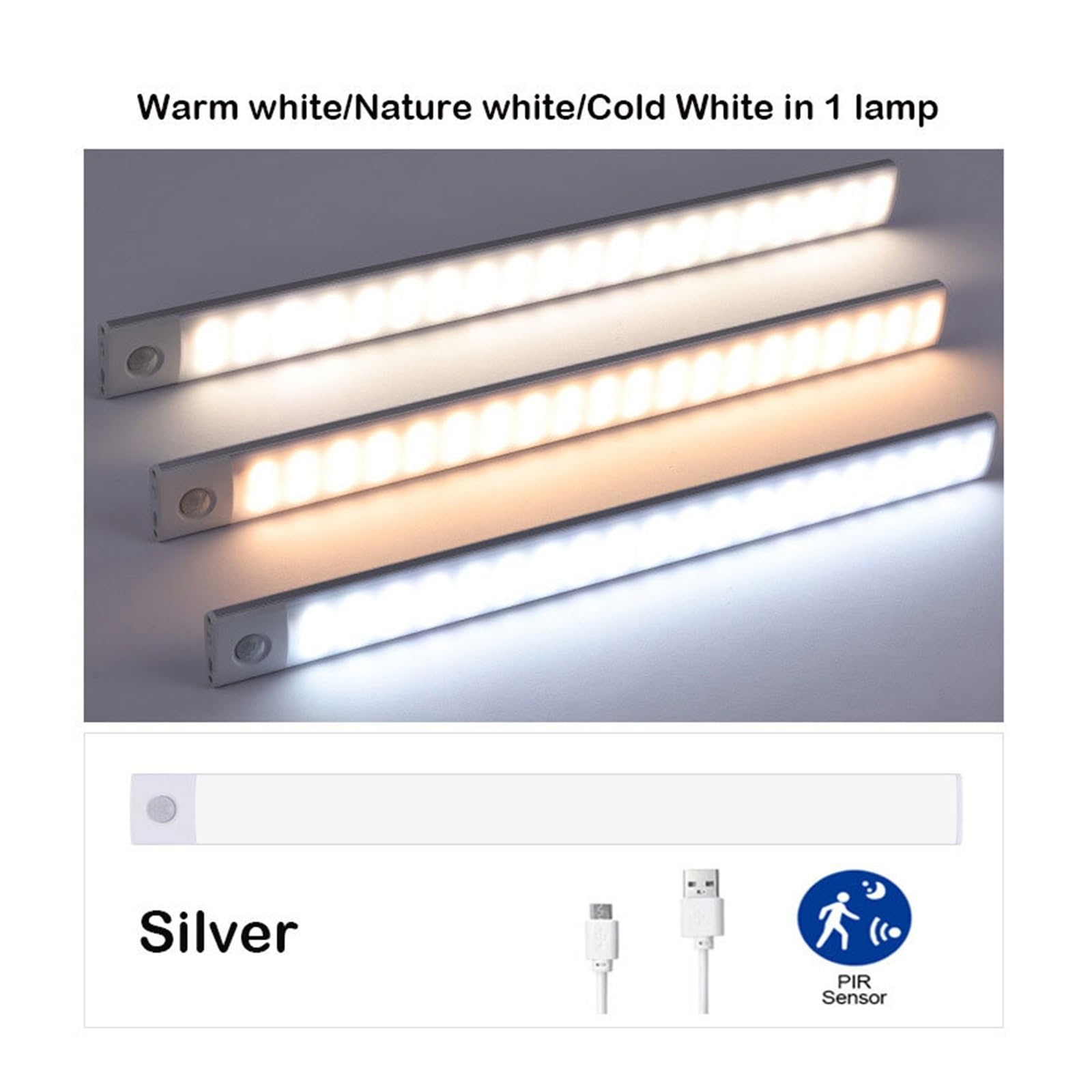 Unterschrank Leuchten LED-Schlafzimmer-Nachtlicht Mit Bewegungsmelder, Kabelloses USB-Unterschranklicht For Küche, Kleiderschrank, Innenbereich, 3 Farben In 1 Beleuchtung(30CM,Silver)
