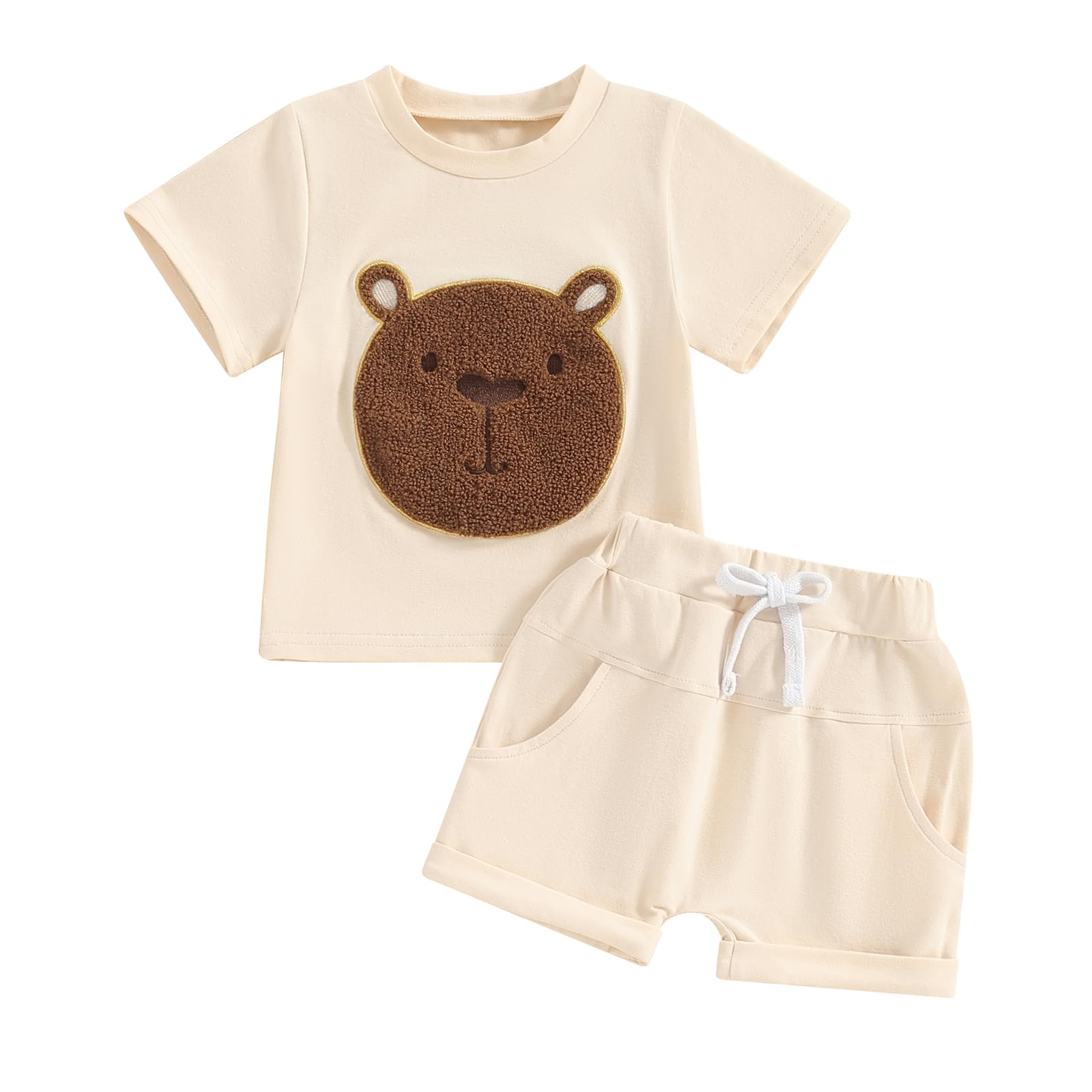 Baby Bear Outfit Toddler Boys Girls Embroidered Fuzzy Bear Shirt Tops Elastic Waist Jogger Short 2Pcs Summer Clothes (A Apricot, 18-24 Months)
