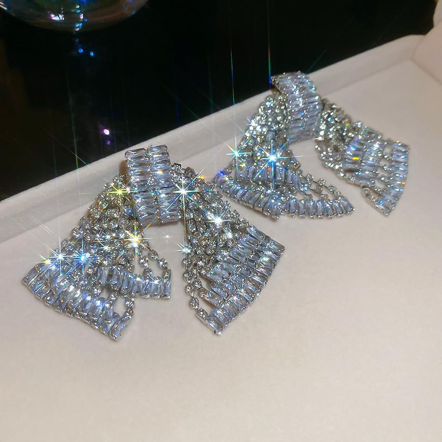 Missgrace Women Silver Hypoallergenic Rhinestone Earrings Dangling Sparkly Black Dangle Earrings Bow Chandelier Earrings Tassel Large Studs Crystal Statement Earrings for Women - Image 4