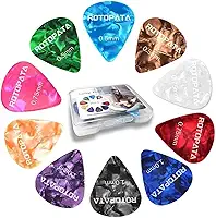 15 palhetas de guitarra de celuloide, palhetas de guitarra incluem 0,5 mm, 0,75 mm, 1,0 mm, palheta fina média pesada para ukulele acústico elétrico baixo