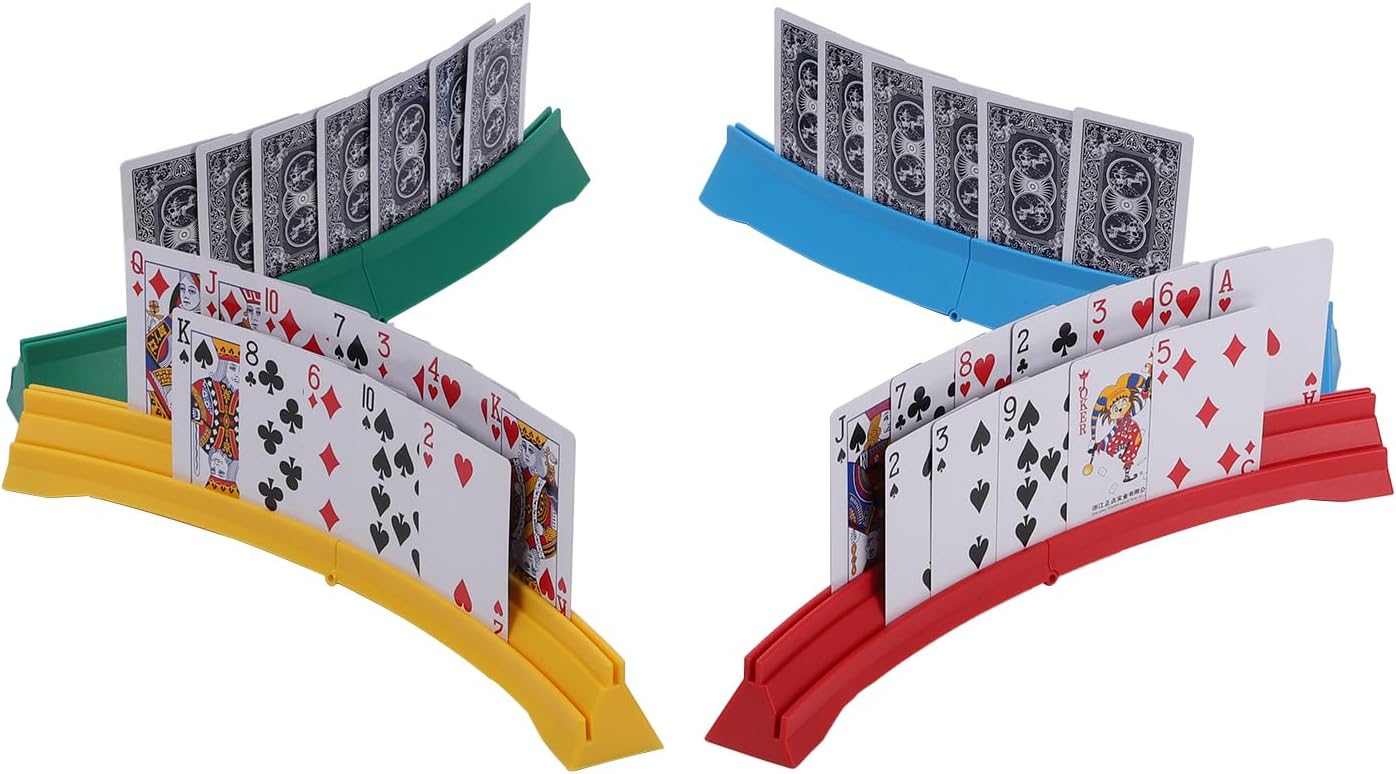 4 Pack Card Holders for Playing Cards,Double Layered Stackable Storage Game Card Tray for Arthritis Patients -Playing Card Rack for Kids Adults Seniors(4 Colors)