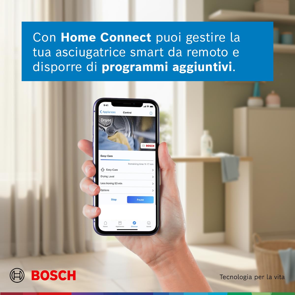 Bosch WQG245D0IT Serie 6 Asciugatrice smart a pompa di calore, 9 kg, Classe energetica C, Condensatore autopulente, Cestello per capi in lana, Sensori di asciugatura intelligenti, Bianco, 60 Cm