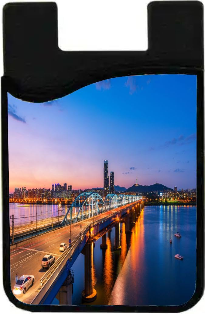 Island Gifting Neoprene Stick-on ID Card Holder for iPhone/Galaxy/Google Android Cases Featuring Image of Korea Seoul at Night Skyline in South Korea