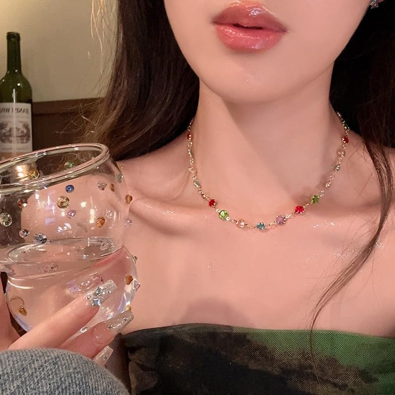 Dreuyet Colorful Gemstone Necklace for Women Multicolor CZ Rainbow Chain Sparkly Choker Dainty 14K Gold Plated Crystal Necklace Party Prom Jewelry - Image 2